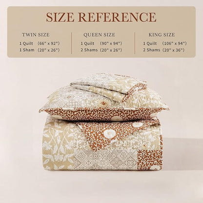 CASAAGUSTO Queen Quilt Set - 3 Pieces Patchwork Terracotta Quilt Bedding Set, Lightweight Queen Bedspread Coverlet, Reversible Floral Bed Cover for All Seasons (90"x94", 1 Quilt + 2 Pillow Shams)