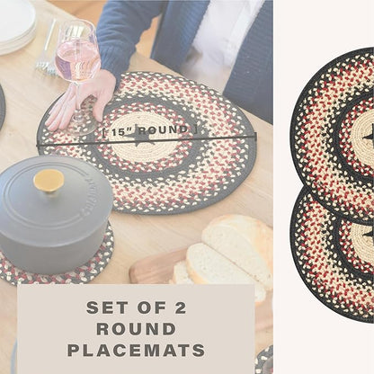 Homespice Primitive Star Gloucester Round Braided Placemats, Warm Primitive Decor, Set of 2, 15" Black and Red Jute Table Mats - Vibrant Colors, Durable, Easy to Clean and Protects Furniture