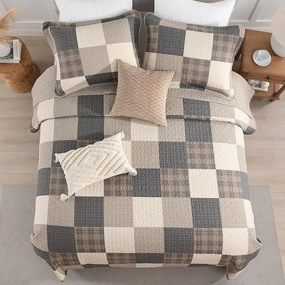 100% Cotton Quilt Set King Size - Reversible Quilted Comforter, Patchwork Plaid King Quilt Bedspread, Modern Farmhouse Lightweight Bedding for King Bed, 3pcs, Charcoal/Beige/Brown