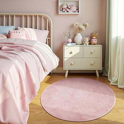 jinchan Solid Plush Round Rug 4ft Performance Shaggy Circle Rug 4' Round Washable Indoor Soft Modern Faux Wool Non Slip Carpet for Living Room Kids Room Bedroom Dining Room Pink