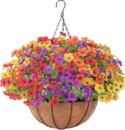 Artificial Faux Hanging Flowers Plants Basket for Outdoors Spring Summer Decoration,Hanging Planters with Silk Fake Daisy Flowers Realistic UV Resistant for Outside Balcony Patio Porch Home Multicolor