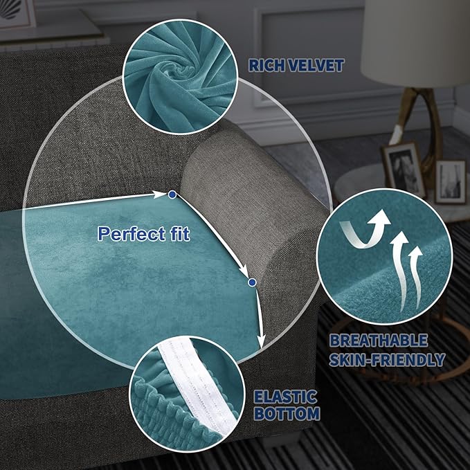MAXIJIN Velvet Stretch Cushion Covers Couch Cushion Slipcover Loveseat Sofa Cushion Covers for Individual Cushions with Elastic Bottom (2 Piece Seat Slipcovers, Peacock Blue New)