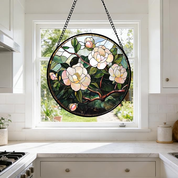 Stained Glass Suncatcher, Light Pink Flowers Green Leaf Sun Catcher Plant Stain Glass Window Hanging Decoration Mother's Day Birthday Gifts for Women Men Mom Nana 7.8 in