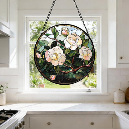 Stained Glass Suncatcher, Light Pink Flowers Green Leaf Sun Catcher Plant Stain Glass Window Hanging Decoration Mother's Day Birthday Gifts for Women Men Mom Nana 7.8 in