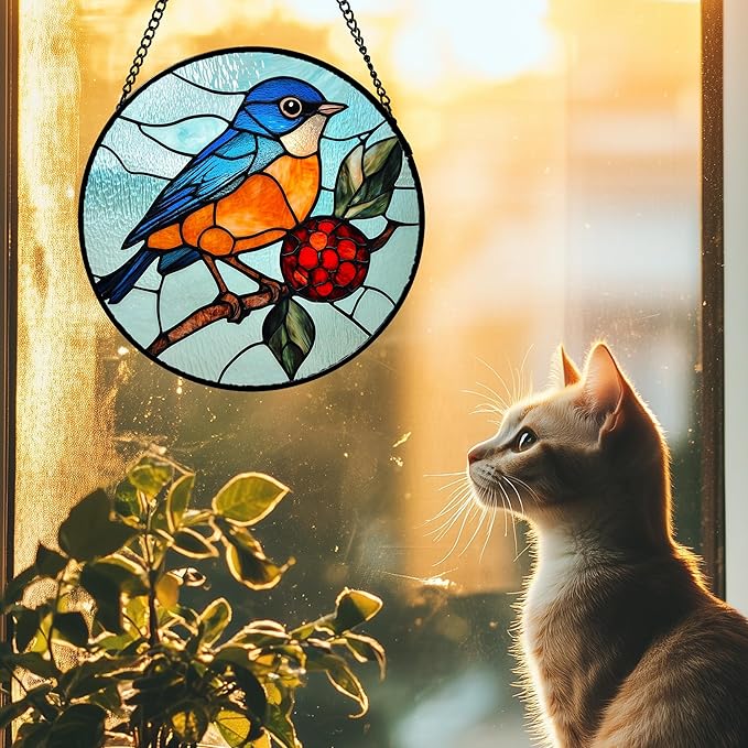 Stained Glass Window Hanging 4 Pcs Set Cardinal Blue Birds 9.8" - Suncatcher Door Garden Sun Catcher Decor Birthday Mother's Day for Bird Lovers Men Woman Nana Friend