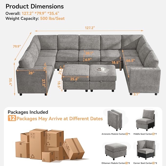 127'' Oversized U Shaped Modular Sofa, Sectional Couches with Storage for Living Room, Modern 9 Seater Cloud Sectional Couch with Movable Ottoman, Chenille Grey