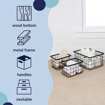 happimess BSK3004A-3SET Evvie Vintage Farmhouse Wire Metal Nesting Storage Baskets with Wood Base for Shelves, Cabinets, Pantry, Countertop, Mesh Open Bin Basket, Black/Natural (Set of 3)