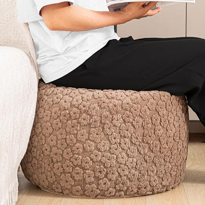 Round Plush Stuffed Ottoman Pouf - Ultra-Soft Furry Ottoman Foot Rest with High-Density Foam Filling, 20" x 14" Multi-Functional Floor Pouf for Living Room