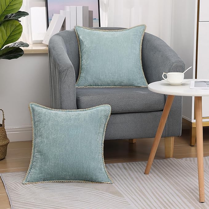 decorUhome Spring Chenille Soft Throw Pillow Covers 18x18 Set of 2, Farmhouse Velvet Neutral Decorative Pillow Covers with Stitched Edge for Couch Sofa Bed Home Decor, Aqua Haze