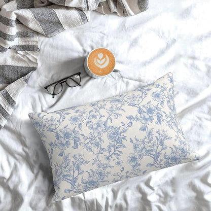 Baby Blue Pillow Covers 12x20 Inch Set of 2 Blue and Cream Floral Chinoiserie Throw Pillows Vintage Rustic Toile Flower Decorative Pillowcase Outdoor Lumbar Cushion Case for Couch Sofa Decor