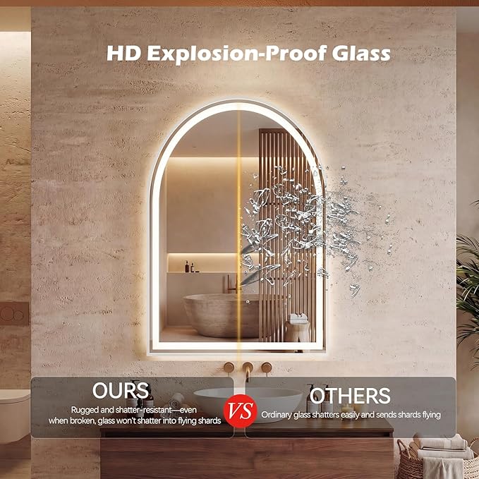 Sweetcrispy 24"×32" LED Bathroom Mirror with Lights, Arched Vanity Mirror with Anti-Fog, Dimmable, 3-Color Light, Memory Function, Tempered Glass