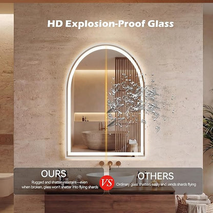 Sweetcrispy 24"×32" LED Bathroom Mirror with Lights, Arched Vanity Mirror with Anti-Fog, Dimmable, 3-Color Light, Memory Function, Tempered Glass