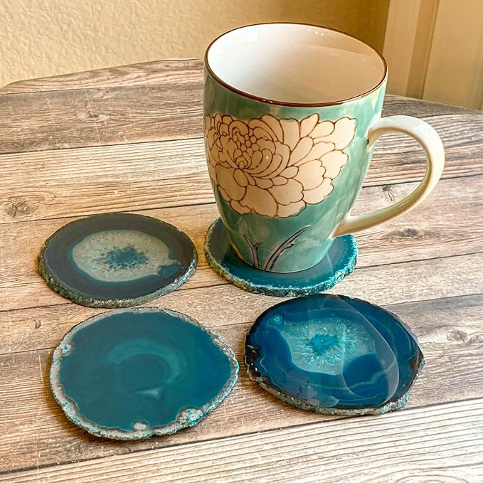 AMOYSTONE Teal Agate Coasters Set of 4, 3-3.5 Inch Handcrafted Slices, Lightweight Stone Coasters, for Teen Girl, College Dorm Room Decor