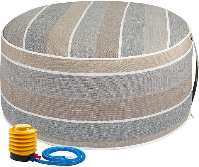 Inflatable Outdoor Ottoman with Air Pump,20"x9" Portable Patio Pouf,Water Resistant,Fade-Resistant,Round Blow Up Footrest Stools for Home Garden Camping Travel(Gray Stripe)