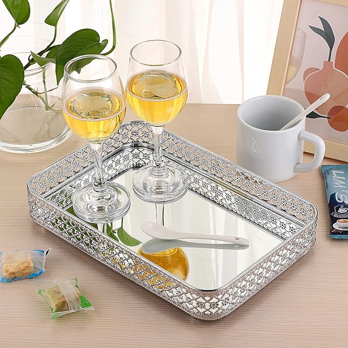 ELLDOO Perfume Mirror Tray Vanity Makeup Hollow-Carved Jewelry Organizer Glass Metal Trinket Storage Tray Home Decor Organizer for Dresser Bathroom Countertop,Silver,Medium Size