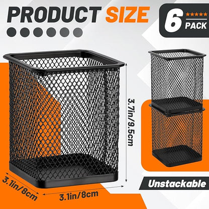 Segarty Pen Cup Holder, 6 Pack Square Black Pen Holder for Desk, Metal Mesh Pencil Cups Bulk for Office Supplies, School Classroom, Desktop Accessories, Makeup Brush