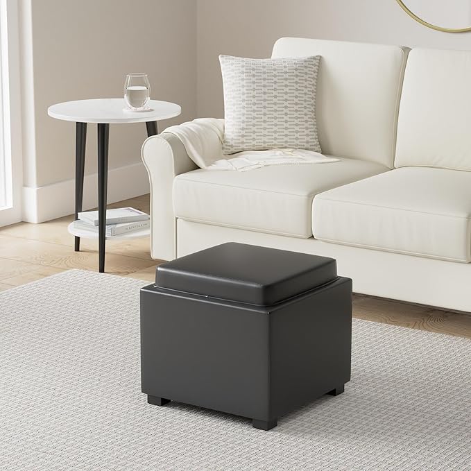 CHITA Storage Ottoman Cube with Tray Lid, Small Footstool with Storage, Square End Table for Living Room and Bedroom, Faux Leather in Black