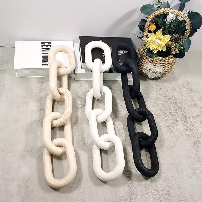 Decor Wood Knot, Home Shelf Decor, Wood Chain 3 Link Decor, Hand Carved Home Decorations for Living Room, Farmhouse Coffee Table Decor (5-Ring Black)