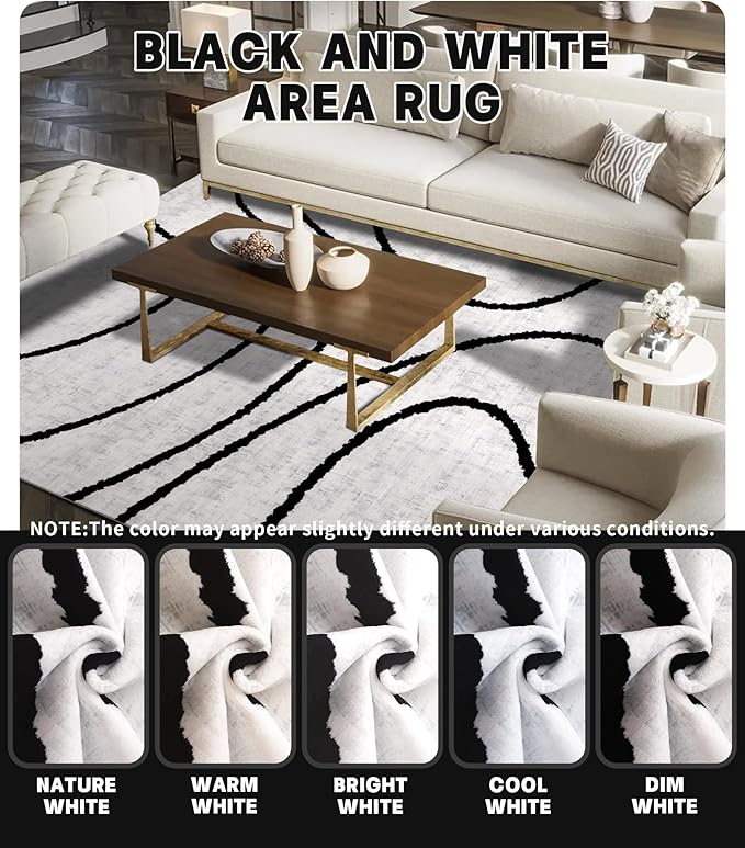 YIHOUSE Modern Area Rugs for Living Room, 8x10 Washable Black and White Rug, Thin Abstract Geometric Striped Rug, Area Rug for Bedroom,Kitchen,Dining Room,Office