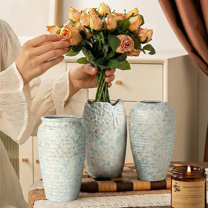 BEAHOT Ceramic Vases Set of 3 – 6.7-inch Handmade Blue & White Pottery Trio with Speckled Glaze – Decorative Flower Vases Home Decor for Table Mantel Entryway Shelf Living Room Kitchen Bathroom