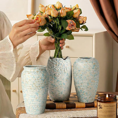BEAHOT Ceramic Vases Set of 3 – 6.7-inch Handmade Blue & White Pottery Trio with Speckled Glaze – Decorative Flower Vases Home Decor for Table Mantel Entryway Shelf Living Room Kitchen Bathroom