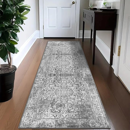 vivorug Grey Runner Rug 2x10 Machine Washable Rug with Non-Slip Backing, Ideal for Kitchen Hallway Entryway Laundry Room - Vintage, Durable, Easy Clean, Low Pile Carpet Runner