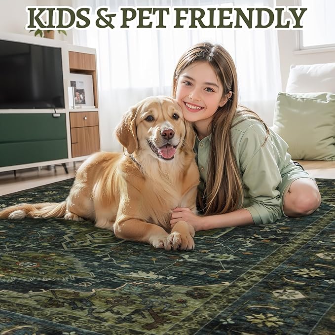 Tangsoo 2.6x10 Washable Hallway Runner Rug, Non Slip Vintage Runner Rug for Hallways, Soft Low Pile Long Rug Runner, Print Distressed Carpet Runners for Kitchen Bedroom Entryway Living Room Green