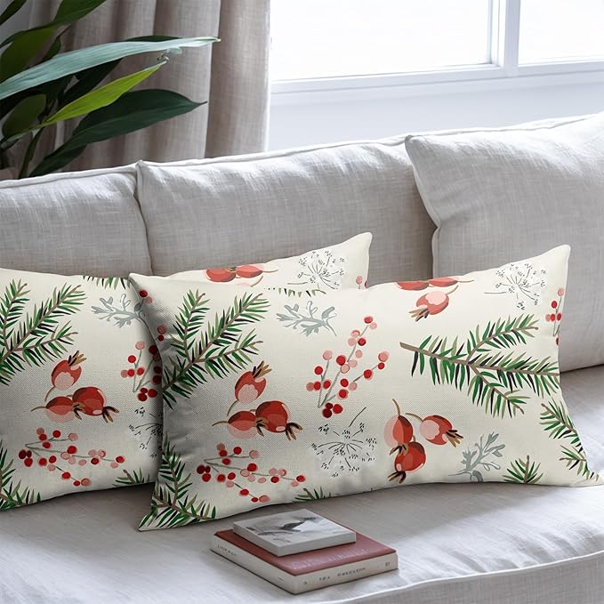 Beige Christmas Lumbar Pillow Covers 12x20 Set of 2 Green Red Xmas Twigs Rustic Decorative Outdoor Farmhouse Zipper Pillowcases Decorations Winter Holiday Throw Cushion Cover Decor for Couch Sofa Bed