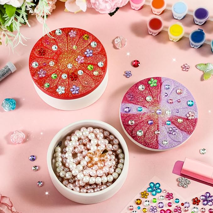 Teenyyou 15 Pcs 6 Sets Paint Your Own Ceramic Jewelry Box Painting DIY Craft Set Unfinished Dasiy Treasure Box with 2 Strips of Paints 2 Brushes 1 Palette 2 Diamond Stickers 2 Glitters