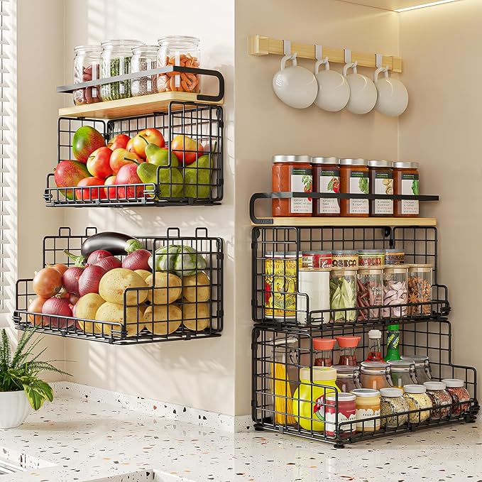 X-cosrack 3-Tier Stackable Snack Organizer with Pine Wood Top-Trapezoid Metal Wire Basket, Countertop & Wall Mounted Snack Holder for Kitchen Pantry Cabinet, Muti-functional Food Fruit Stoarge, Black
