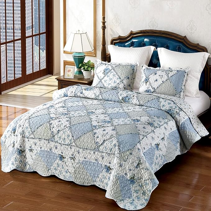 VIVILINEN Blue Floral Patchwork Quilt Set, Full Queen Size, 3 Piece Bedding Set with 2 Pillowcases