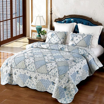VIVILINEN Blue Floral Patchwork Quilt Set, Full Queen Size, 3 Piece Bedding Set with 2 Pillowcases
