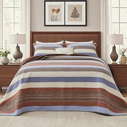 SahSahCasa 100% Cotton 128"x120" Oversized California King Bedspread Coverlet Quilt Set, Cal King Quilted Striped Bedspread Extra Large Reversible XL Bed Spread Lightweight Comforter, Brown