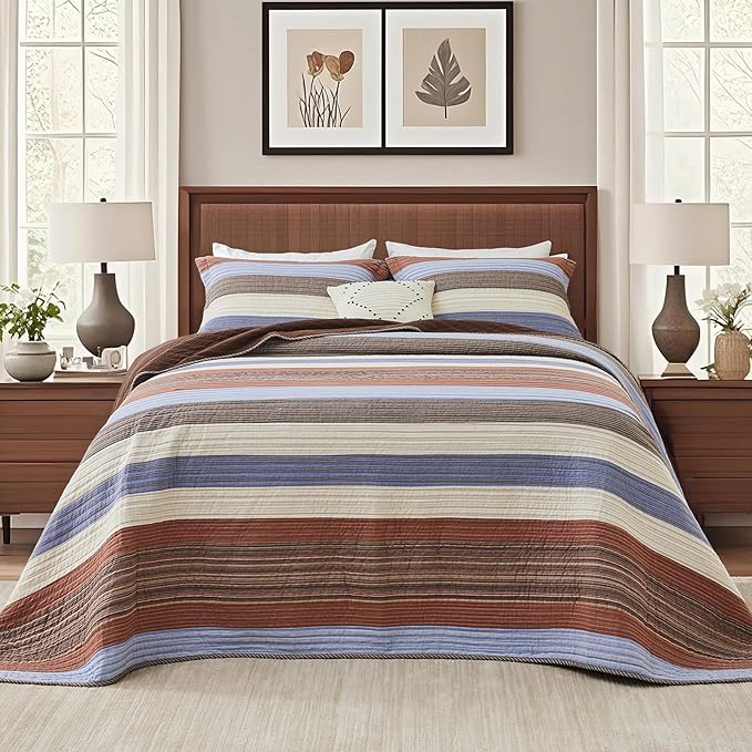 SahSahCasa 100% Cotton 120"x102" Oversized Bedspread Coverlet Quilt Set, Oversized Quilted Striped Bedspread Reversible Extra Large Quilt, XL Bed Spread Lightweight Comforter, 3pc, Brown/Multicolor
