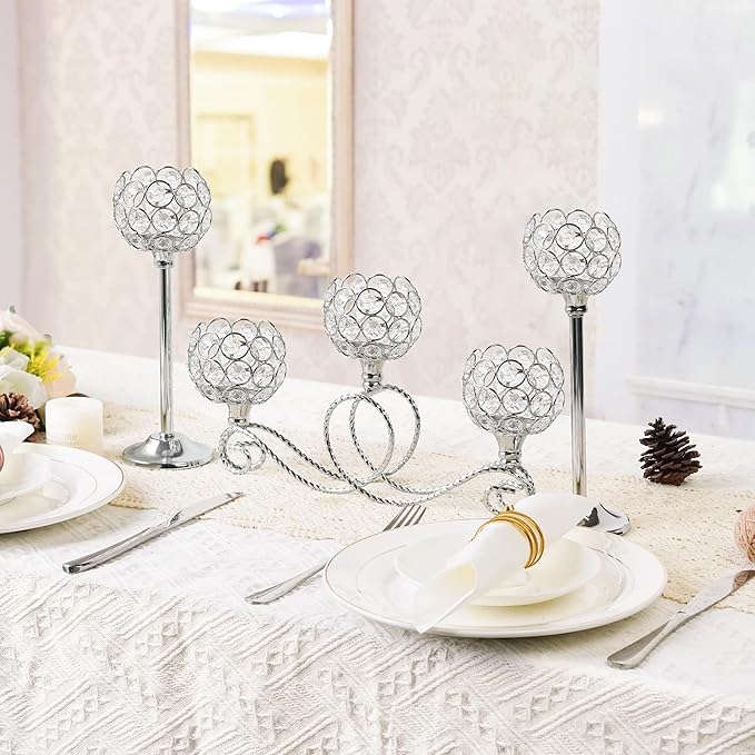 Silver Set of 6 Metal Crystal Tea Light Candle Holder, Elegant Wedding Table Centerpiece Candle Holder, Christmas Wishing Crystal Bowl Candle Holder Suitable for Wedding Party Living Room Decoration