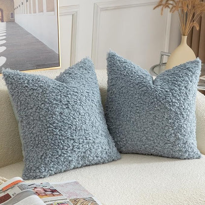 Yaertun Pack of 2 Faux Fur Throw Pillow Covers Decorative Sherpa Boucle Pillow Covers Fuzzy Soft Pillowcases Sheepskin Fleece Cushion Case for Couch Sofa Bed Living Room 26x26 Inch Light Blue