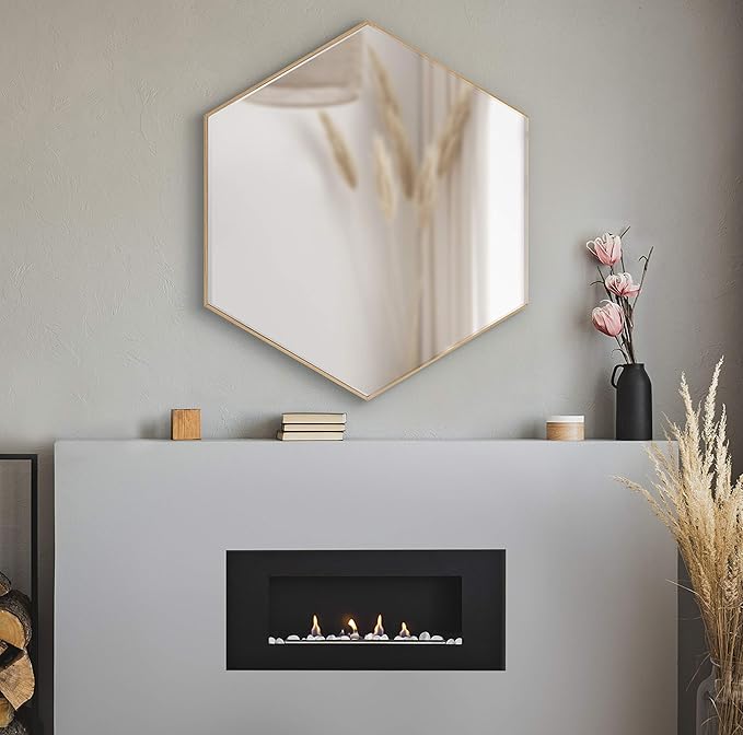 Kate and Laurel Rhodes Modern Hexagon Wall Mirror, 30 x 30, Natural Teak, Chic Geometric Mirror for Wall