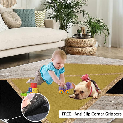 Geometric Marble Area Rugs for Living Room Black Gold Marble Rug Triangular Geometric Carpet Modern Minimalist Door Mat for Bedroom Hardwood Floors 7x8ft