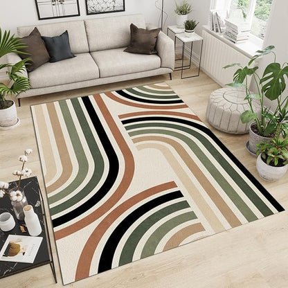 Boho Nordic Rainbow Area Rug, Geometry Dark Green Curved Hook Art Home Decor Rug, Indoor Non-Slip Kids Rugs, Machine Washable Breathable Durable Carpet for Front Entrance Floor Decor,3 x 5ft