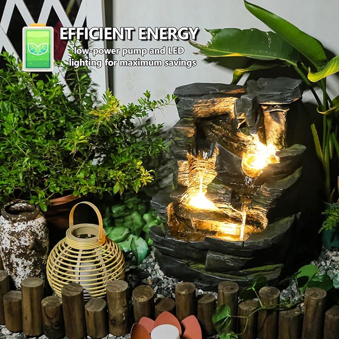 5-Tier Cascading Rock Water Fountain Outdoor - 23.6”H Indoor/Outdoor Modern Floor Standing Water Fountain Garden, Patio, Backyard, Deck, Porch and Home Art Decor