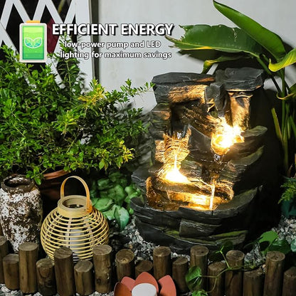 5-Tier Cascading Rock Water Fountain Outdoor - 23.6”H Indoor/Outdoor Modern Floor Standing Water Fountain Garden, Patio, Backyard, Deck, Porch and Home Art Decor
