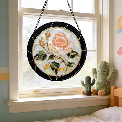 Stained Glass Window Hanging - Black White Pink Rose Sun Catcher for Door Home Decor Flower Suncatcher Christmas Mother's Day Birthday Gifts for Women Men Lovers Mom Nana 9.8 in