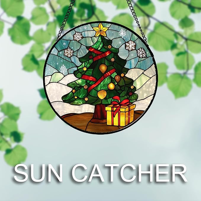 DASTOLL Stained Glass Window Hanging Green Christmas Tree Snowflake 6.3" - Suncatcher Door Garden Sun Catcher Xmas Holiday Decor Birthday for Mom Men Woman Friend Nana