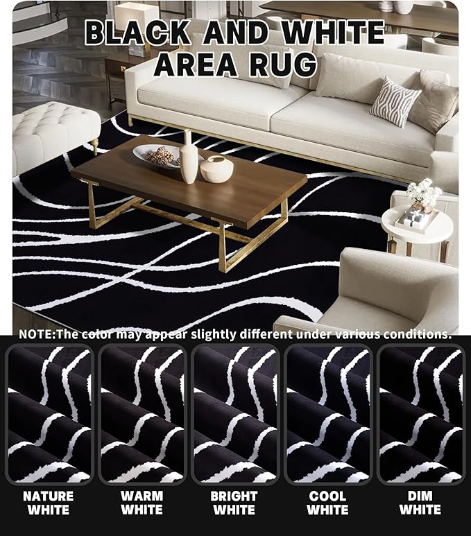 YIHOUSE Black Modern Area Rug 6x9,Abstract Rugs for Bedroom,Black and White Geometric Rug,Minimalist Striped Rug,Dark Washable Area Rugs 5x7 Non Slip Rugs for Living Room，Office