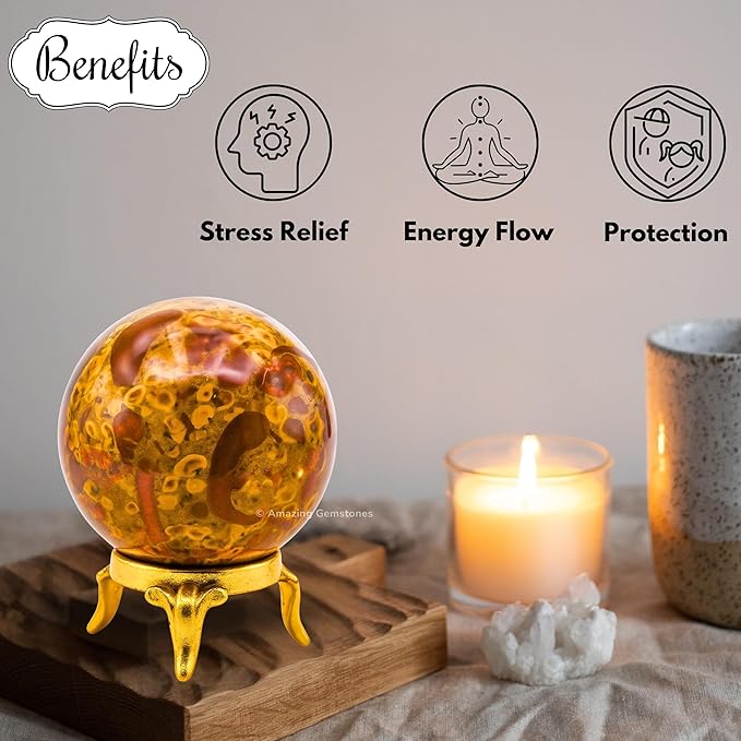 Amazing Gemstone Fruit Jasper Crystal Ball with Stand - 1.5 Inches Crystal Sphere Meditation Balls for Witchcraft and Decorative Balls