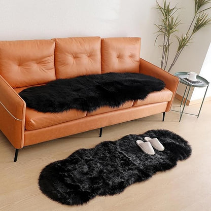 Faux Fur Rug Sheepskin Shag Fluffy Fuzzy Black 2x6 ft Runner Rugs for Bedroom Bedside Bed Floor Living Room Plush High-Density Cushion Carpet Super Sofa Cover