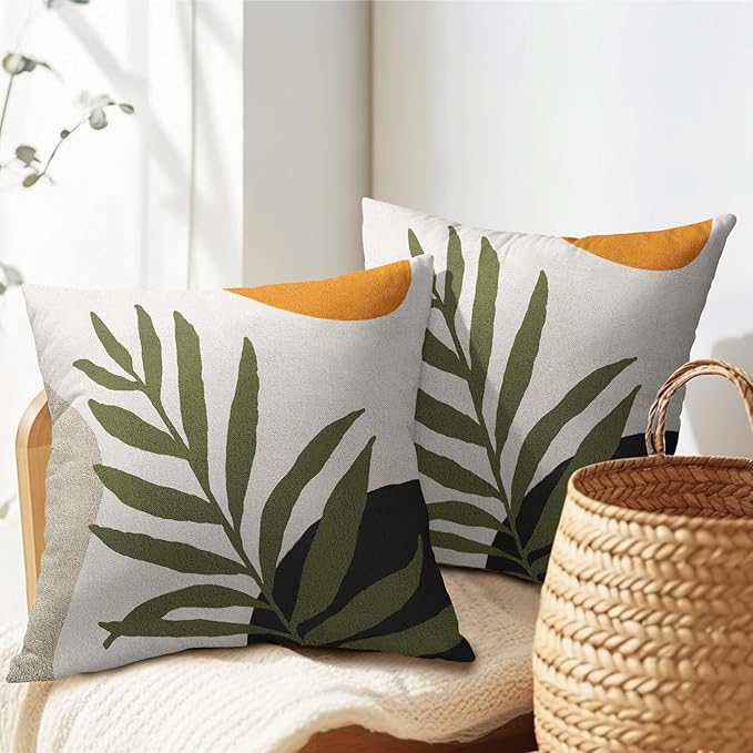 Spring Boho Pillow Covers 18x18 Set of 2 Abstract Mid Century Throw Pillow Covers Green Pillowcase Linen Decoration Farmhouse Soft Decorative Aesthetic Cushion Case Couch for Indoor Outdoor Home Decor
