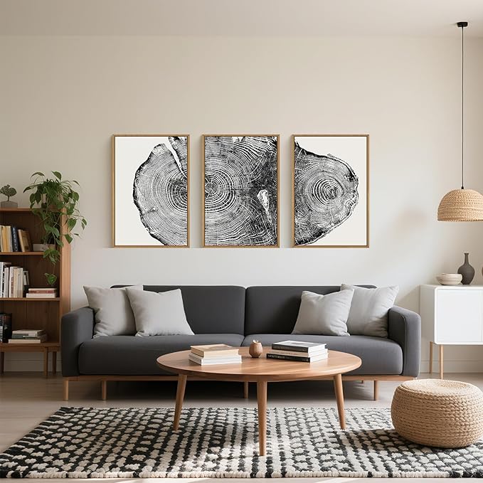 Large Vintage Tree Ring Framed Canvas Wall Art,Abstract Wood Stump Wall Decor,Neutral Annual Ring Artwork,Modern Black and White Art Print for Living Room,Bedroom,Office- 16"x24"x3