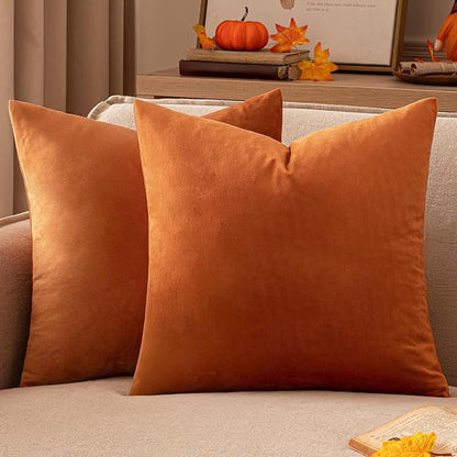 EMEMA Fall Orange Velvet Throw Pillow Covers 20x20 Inch Set of 2 Decorative Square Pillowcase Soft Solid Cushion Case for Couch Sofa Bed Bedroom Livingroom