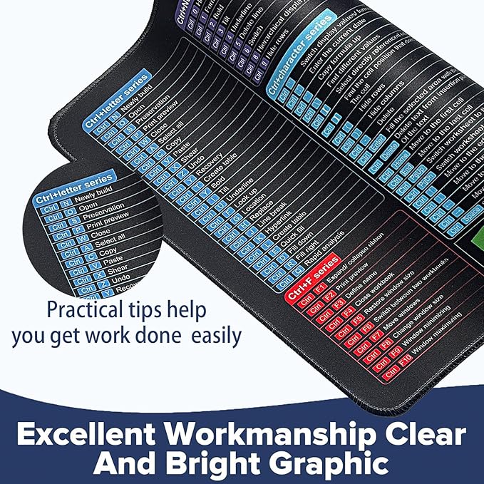 Excel Shortcut Keys Mouse Pad - Extended Large XL Cheat Sheet Gaming Mousepad | PC Office Basics Over 200 Keyboard Shortcuts Mat | Non-Slip Stitched Edge (31.5"x11.8")